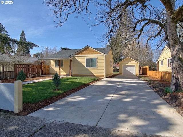 bungalow-style home with an outdoor structure, fence, a garage, driveway, and a front lawn