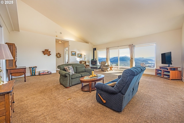 living room with high vaulted ceiling, carpet, and a wood stove