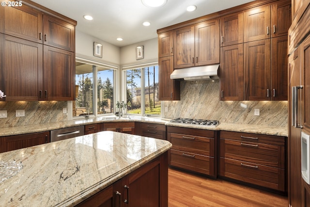 kitchen featuring stainless steel appliances, light stone countertops, sink, light hardwood / wood-style flooring, and tasteful backsplash