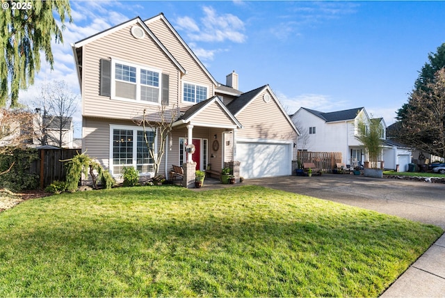 view of front of home with a front yard and a garage