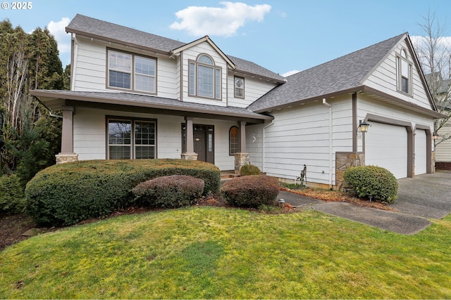 traditional home with roof with shingles, covered porch, a front yard, a garage, and driveway