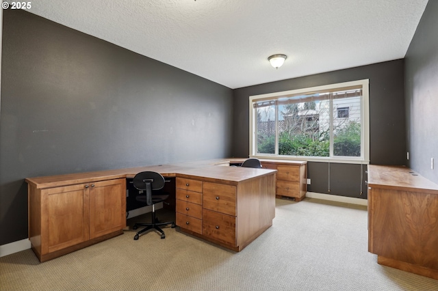 office space featuring a textured ceiling, baseboards, and light colored carpet