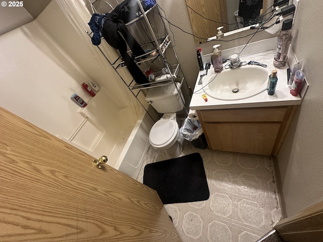 full bath with toilet, shower / bath combination, and vanity