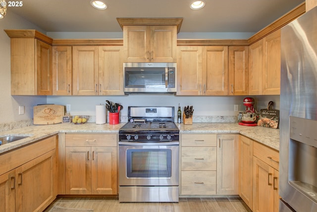 kitchen featuring light hardwood / wood-style floors, stainless steel appliances, and light stone counters