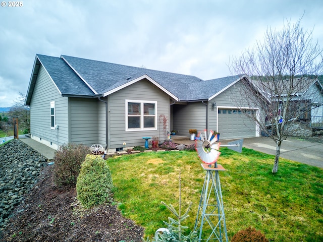 ranch-style home with a garage and a front yard