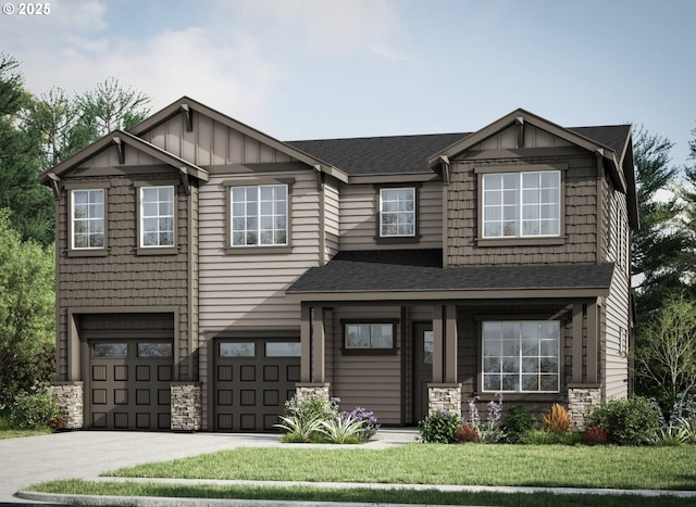view of front of home featuring board and batten siding, an attached garage, driveway, and stone siding
