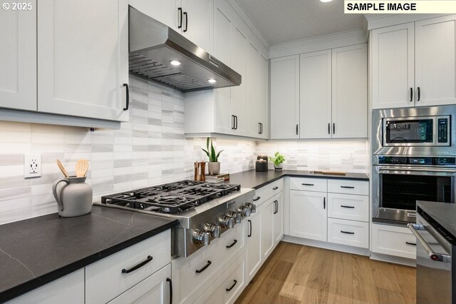 kitchen with under cabinet range hood, stainless steel appliances, dark countertops, and decorative backsplash