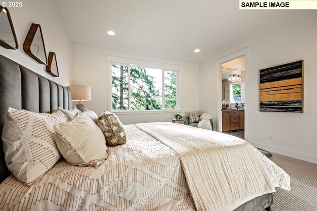 carpeted bedroom with baseboards, recessed lighting, and ensuite bath