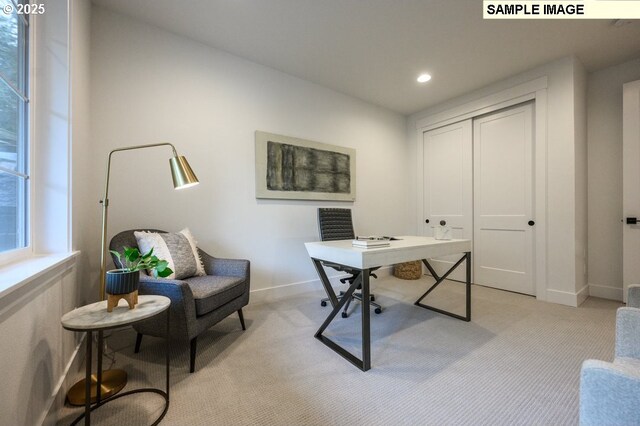 office area with light colored carpet, recessed lighting, and baseboards