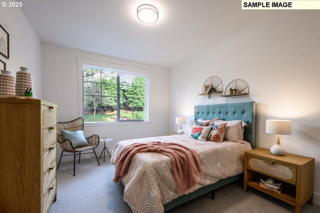 carpeted bedroom with vaulted ceiling