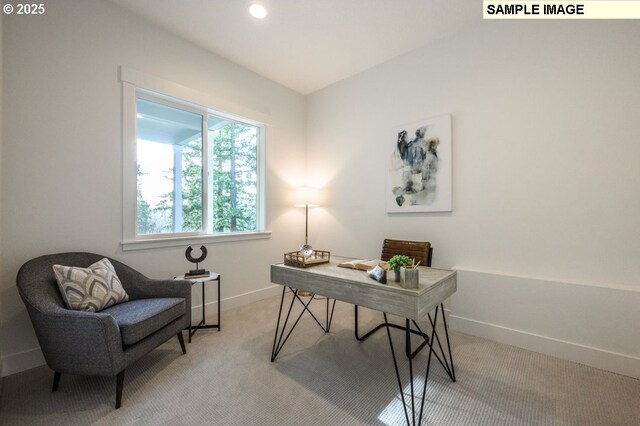 office featuring recessed lighting, baseboards, and light colored carpet