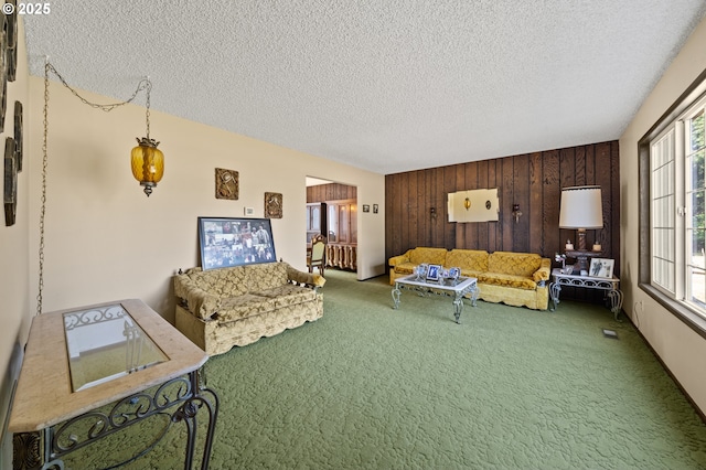 28410 S Beavercreek Rd, Mulino, OR 97042 - carpeted living room with wood walls, a textured ceiling, and an accent wall