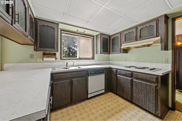 28410 S Beavercreek Rd, Mulino, OR 97042 - kitchen featuring white appliances, under cabinet range hood, dark brown cabinetry, a drop ceiling, and light countertops