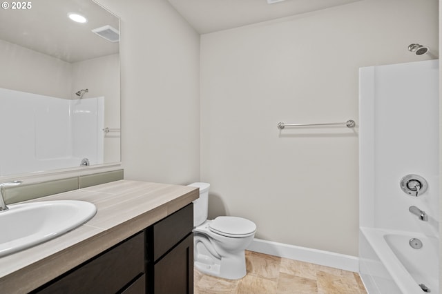 full bathroom with washtub / shower combination, vanity, toilet, baseboards, and visible vents