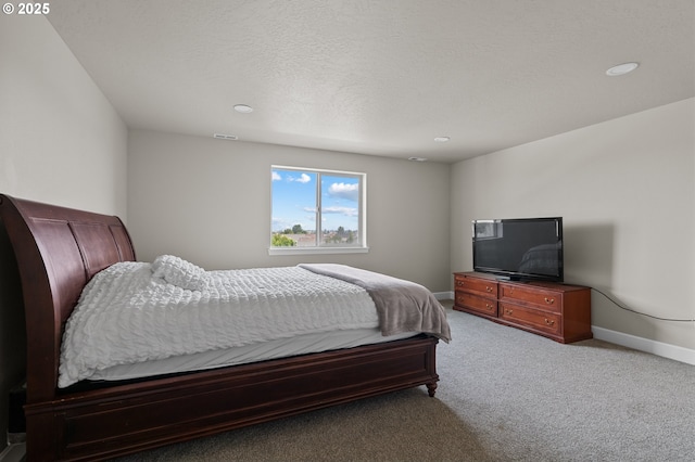 bedroom featuring carpet flooring, recessed lighting, baseboards, and visible vents