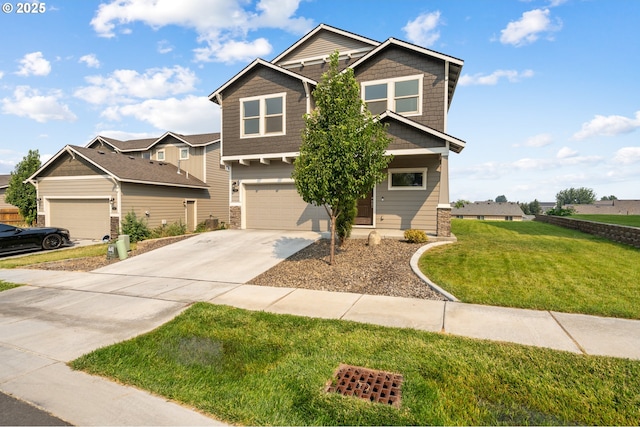 craftsman-style home featuring a garage, a front lawn, and driveway