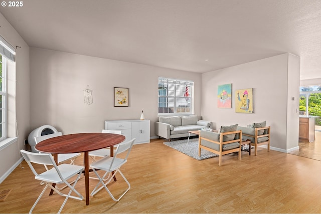living area with light wood finished floors and baseboards