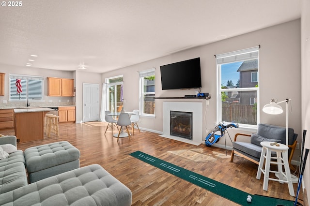 living room with light wood finished floors, a fireplace with flush hearth, and baseboards