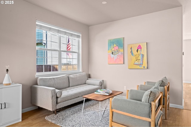 living area featuring wood finished floors and baseboards