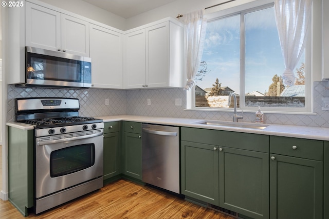 kitchen with appliances with stainless steel finishes, white cabinetry, light hardwood / wood-style floors, and sink