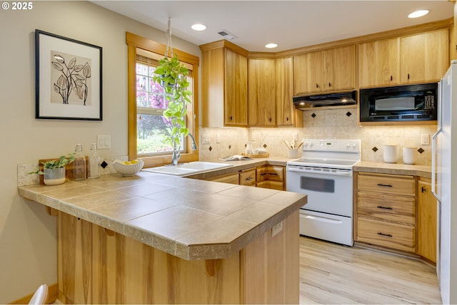5818 SW Boundary St, Portland, OR 97221 - kitchen featuring white appliances, a sink, under cabinet range hood, a peninsula, and tasteful backsplash