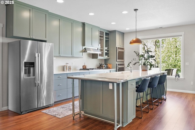 kitchen with appliances with stainless steel finishes, a kitchen island with sink, under cabinet range hood, and dark wood-style floors