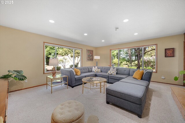 living area featuring baseboards, carpet flooring, and recessed lighting