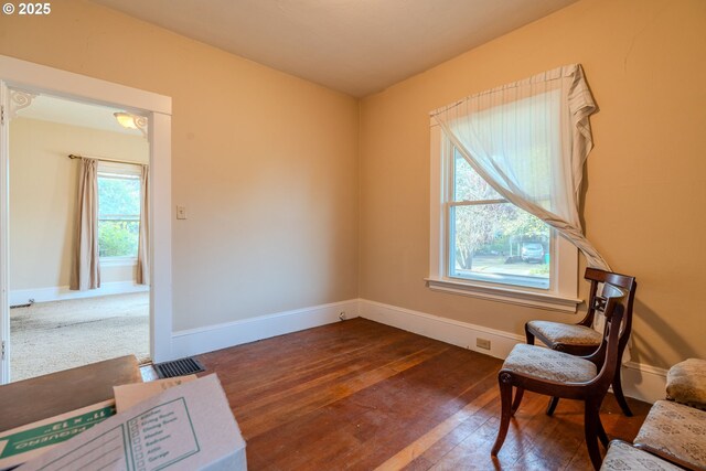 sitting room featuring baseboards, a wealth of natural light, and hardwood / wood-style flooring