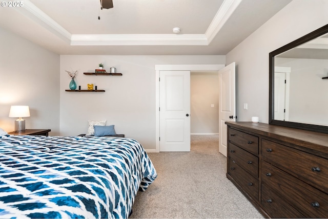 12209 Mimosa Way, Oregon City, OR 97045 - bedroom featuring a raised ceiling, light carpet, crown molding, and ceiling fan