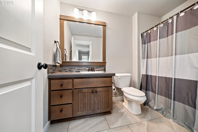 12209 Mimosa Way, Oregon City, OR 97045 - full bathroom featuring vanity, toilet, a textured ceiling, curtained shower, and tile patterned floors