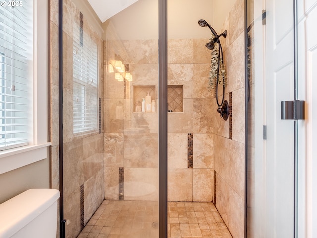 bathroom with walk in shower, lofted ceiling, and toilet