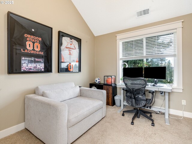 office space featuring vaulted ceiling and carpet