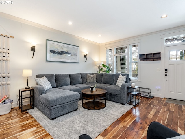 living room featuring crown molding and wood-type flooring