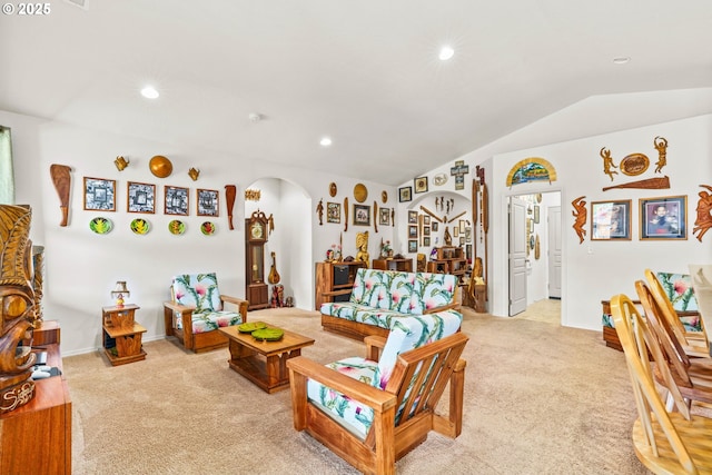 5739 Donohoe Ave, Eugene, OR 97402 - carpeted living area featuring arched walkways, vaulted ceiling, and recessed lighting