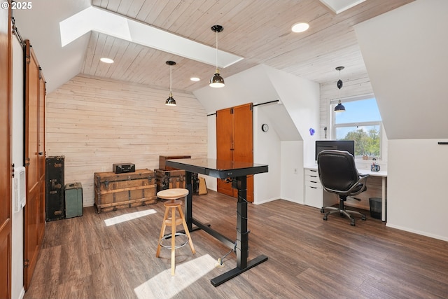 14569 NW Larson Rd Unit 13, Portland, OR 97231 - office featuring lofted ceiling, dark wood-style flooring, wooden walls, wood ceiling, and a skylight