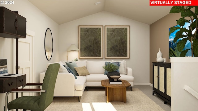 living room featuring lofted ceiling and light colored carpet