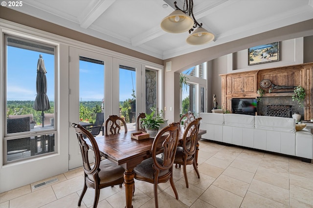 2650 Lorinda Ln, West Linn, OR 97068 - dining space featuring beam ceiling, a premium fireplace, and light tile patterned flooring