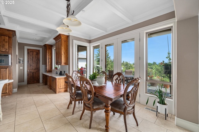2650 Lorinda Ln, West Linn, OR 97068 - dining room featuring light tile patterned floors, beamed ceiling, coffered ceiling, baseboards, and ornamental molding
