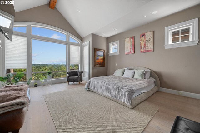 2650 Lorinda Ln, West Linn, OR 97068 - bedroom featuring beamed ceiling, recessed lighting, wood finished floors, high vaulted ceiling, and baseboards