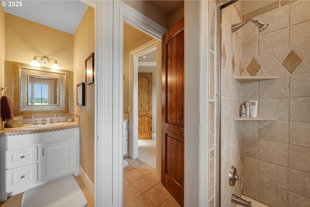 2650 Lorinda Ln, West Linn, OR 97068 - full bathroom featuring vanity,  shower combination, tile patterned floors, and tasteful backsplash
