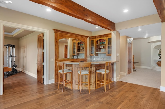 2650 Lorinda Ln, West Linn, OR 97068 - indoor wet bar featuring light wood-type flooring, decorative backsplash, recessed lighting, baseboards, and beam ceiling