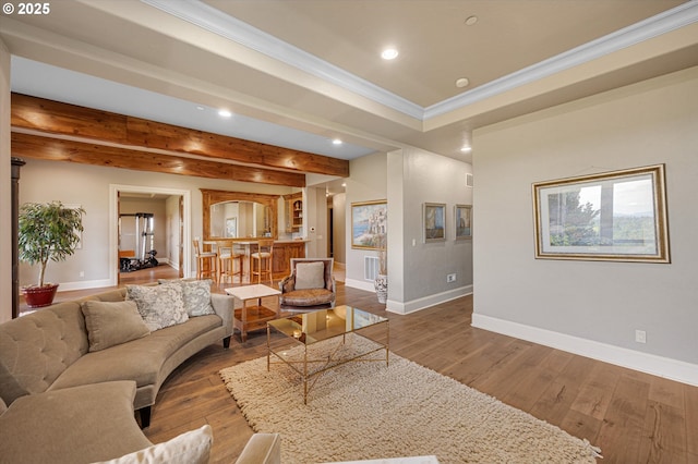 2650 Lorinda Ln, West Linn, OR 97068 - living area with recessed lighting, baseboards, wood finished floors, ornamental molding, and beam ceiling