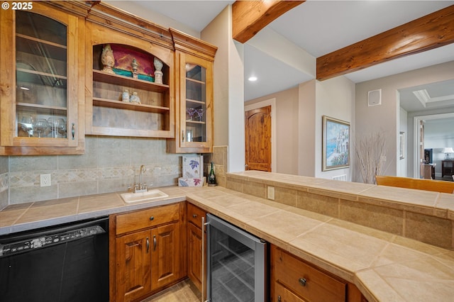 2650 Lorinda Ln, West Linn, OR 97068 - indoor wet bar featuring black dishwasher, beverage cooler, beam ceiling, backsplash, and recessed lighting