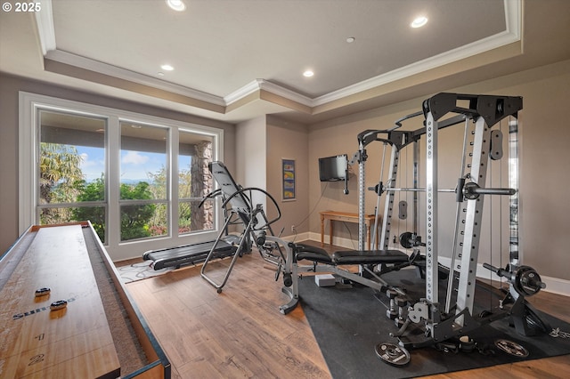2650 Lorinda Ln, West Linn, OR 97068 - workout room featuring crown molding, a tray ceiling, wood finished floors, baseboards, and recessed lighting