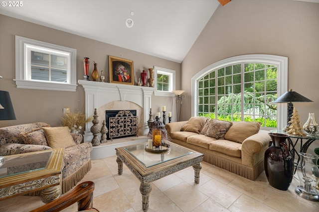 2650 Lorinda Ln, West Linn, OR 97068 - living room featuring high vaulted ceiling, a high end fireplace, and tile patterned floors