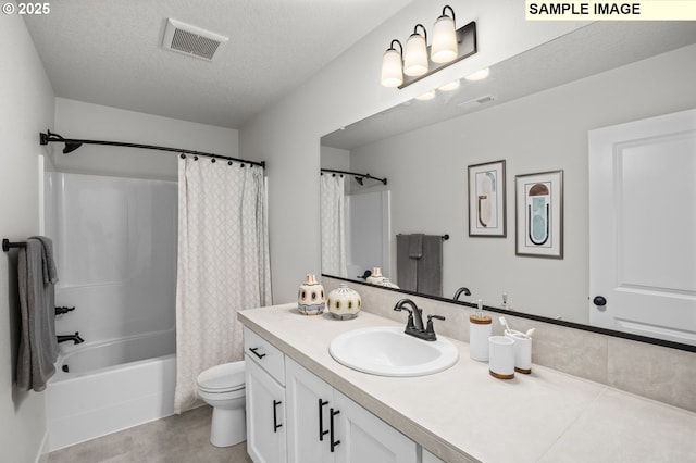 bathroom with shower / tub combo, visible vents, toilet, and vanity