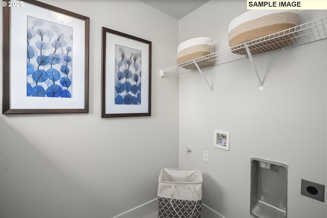 laundry room featuring hookup for an electric dryer, washer hookup, laundry area, and baseboards