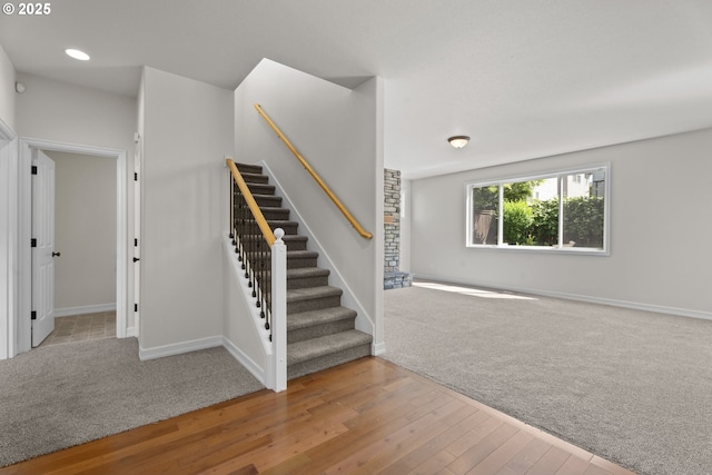 3504 NE Garfield St, Camas, WA 98607 - staircase featuring hardwood / wood-style flooring, recessed lighting, and carpet