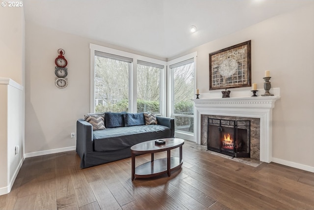 living area featuring baseboards, a premium fireplace, and wood finished floors