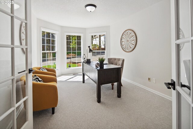 office space featuring a textured ceiling, light colored carpet, and french doors